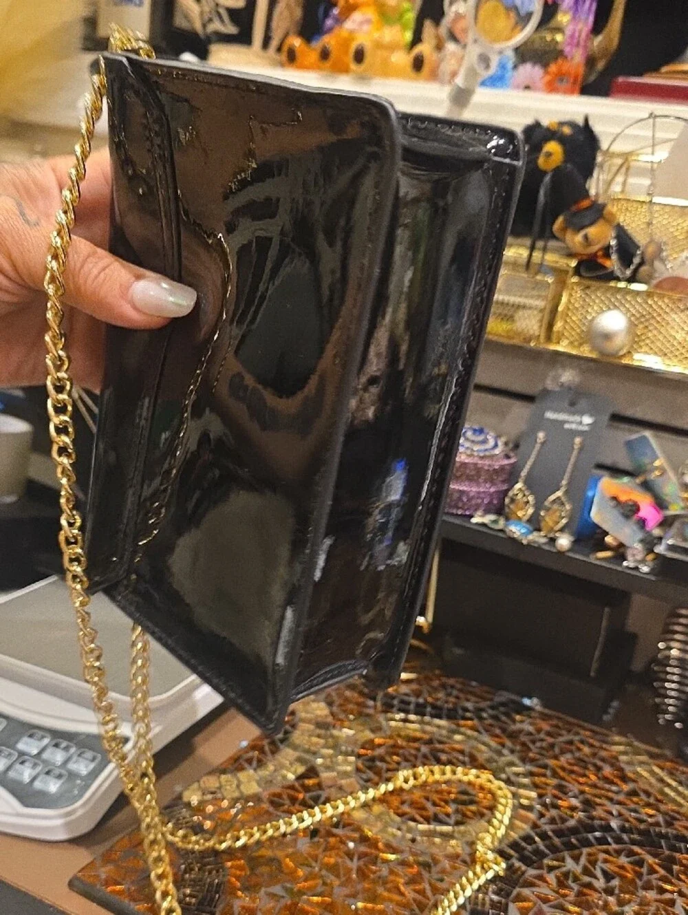 Jimmy Choo Black Patent Leather Crossbody with Gold Ring Tassel
